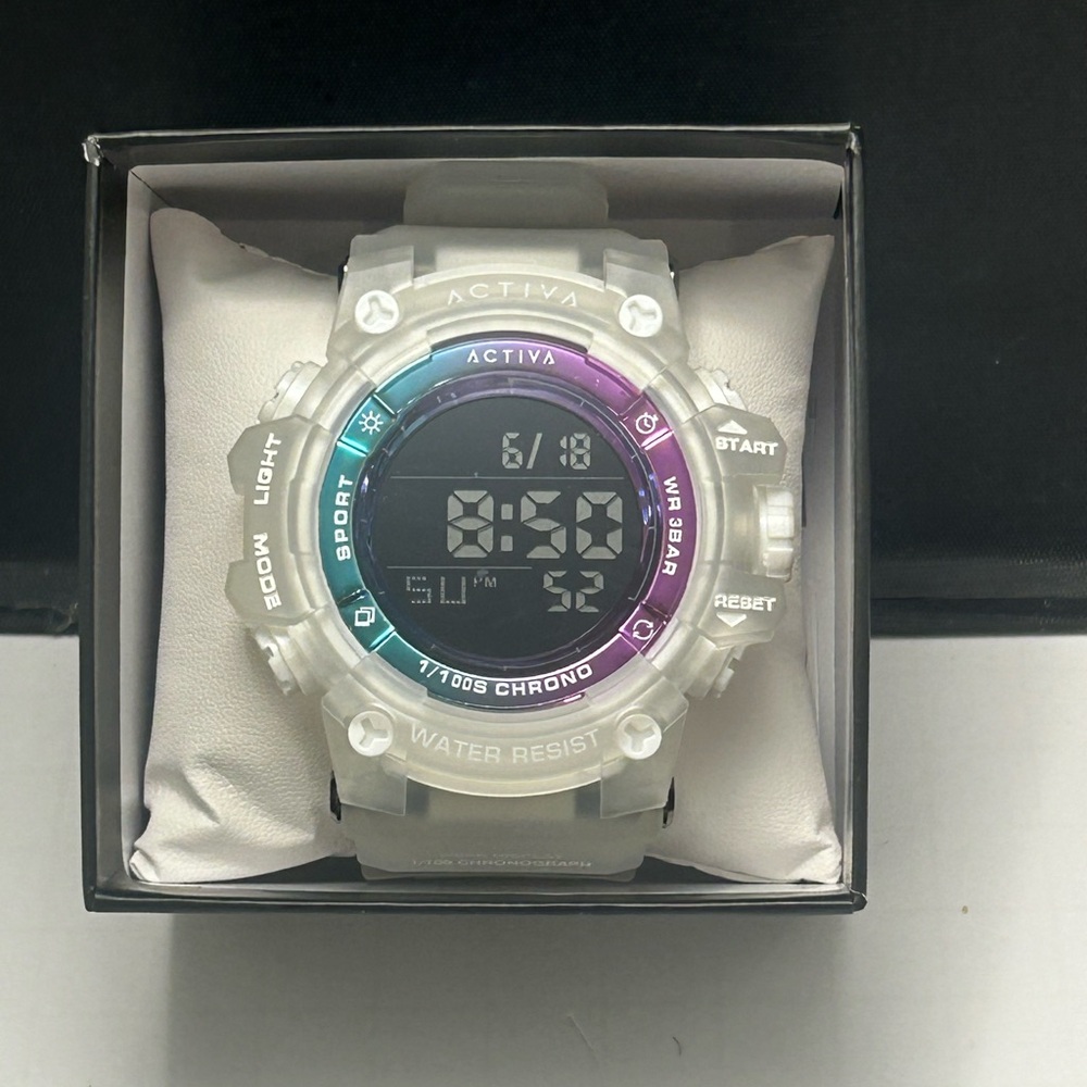 Activa Translucent White Digital Sports Watch with Rainbow Bezel